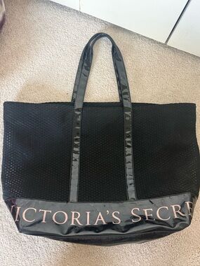 Victoria’s Secret Black Mesh Tote Bag Large Logo Patent Trim Shoulder Bag